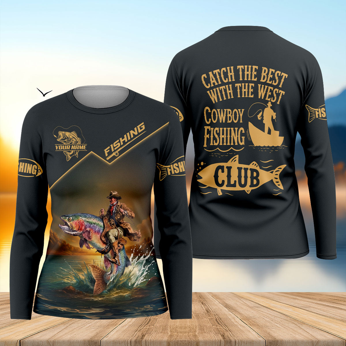 Personalized Cowboy Fishing Long Sleeve Shirt, Women's Fishing Apparel, Fishing Gift For Women