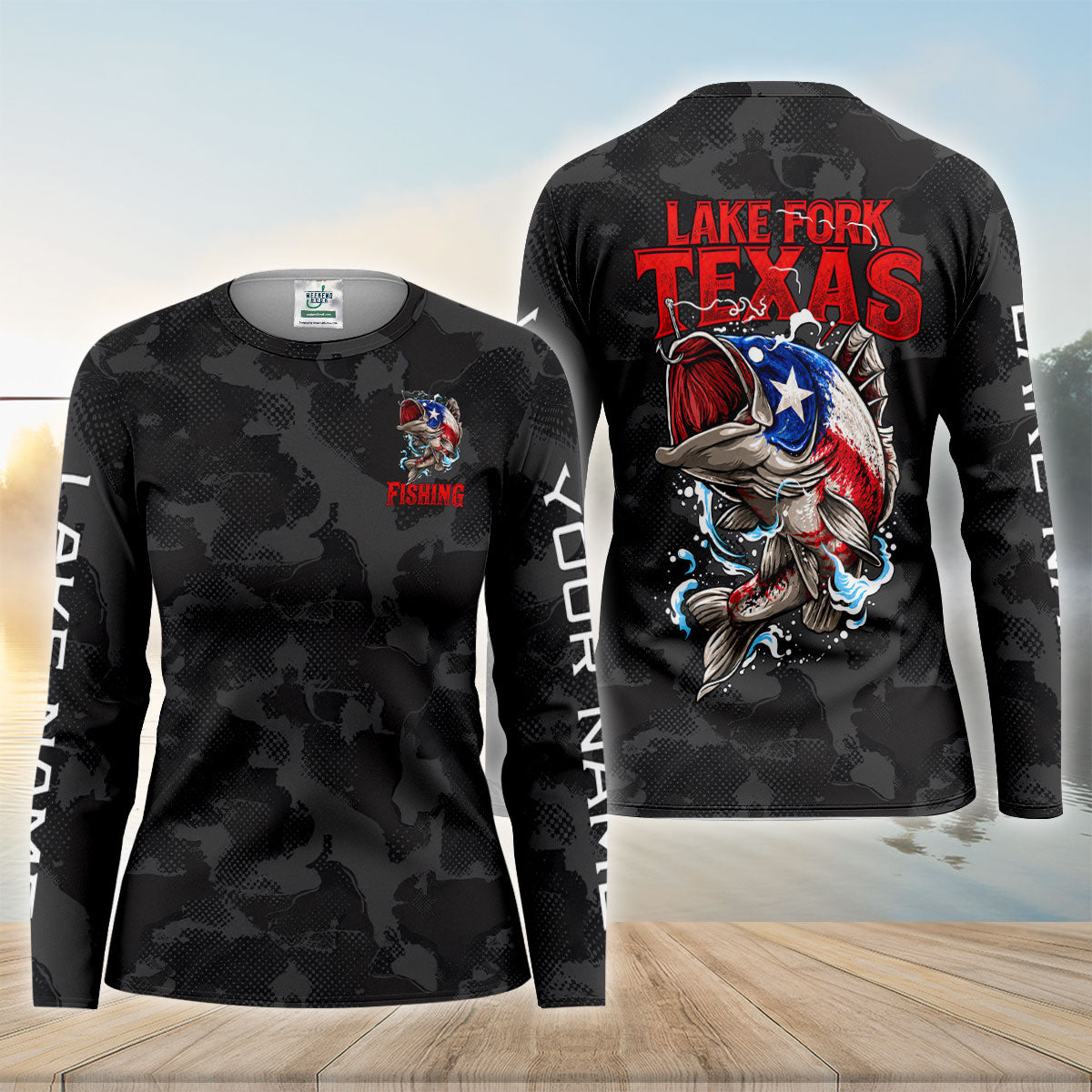 Texas Flag Bass Black Camo Custom UPF Shirt, Long Sleeve Fishing Shirt, Womens Angler Shirt