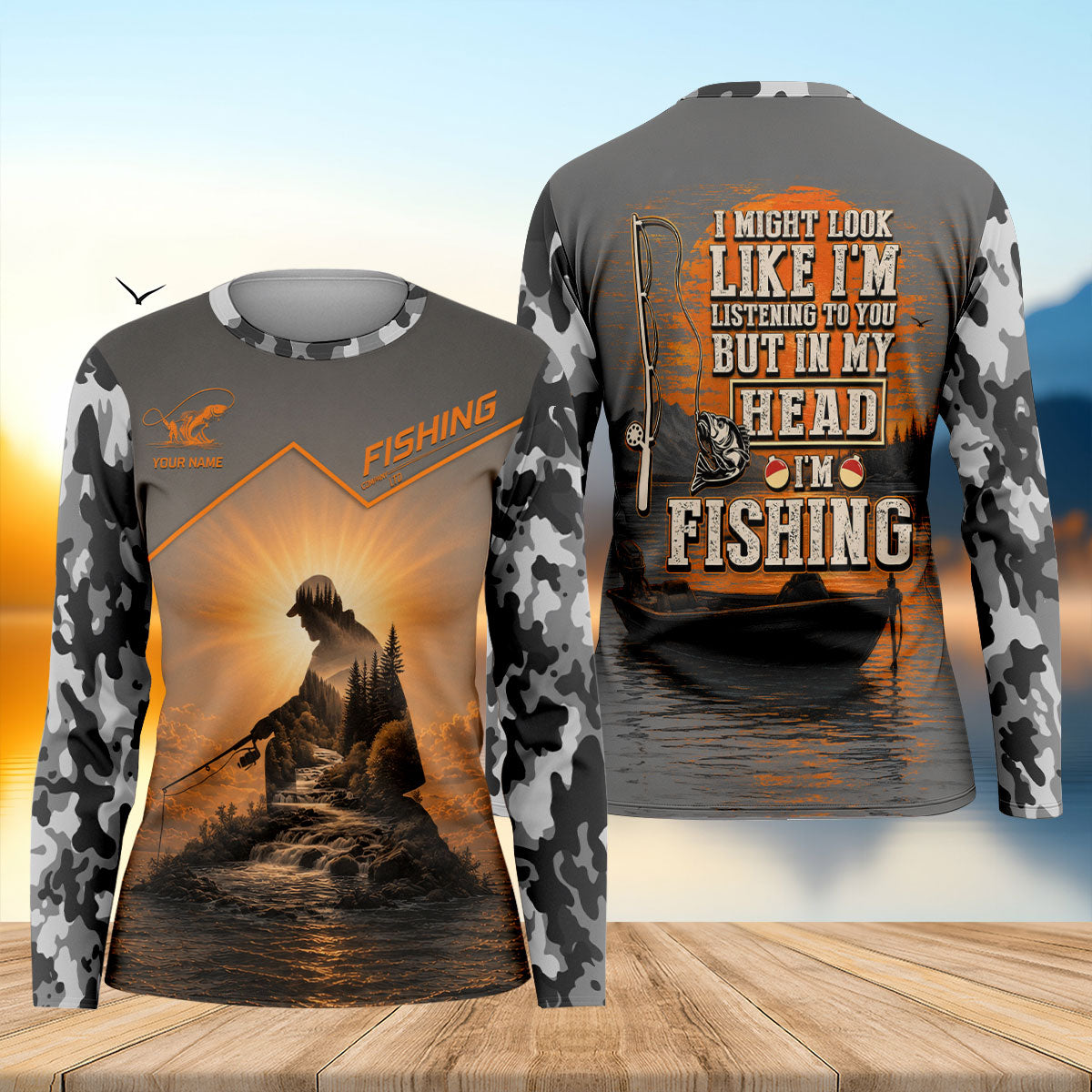 Funny Custom Fishing Silhouette Sunset Long Sleeve Shirt, Fishing Shirt For Women, Fishing Shirt