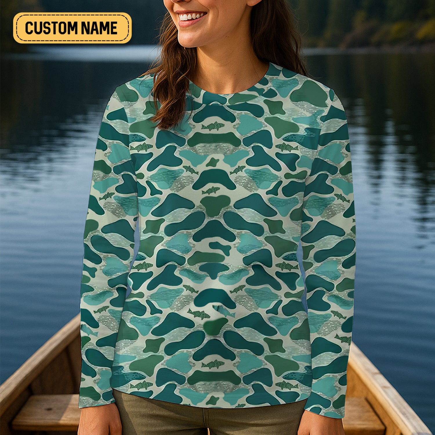 Green Camo Performance Fishing Shirts, Fishing Shirt For Women, SPF Long Sleeve Shirts Womens