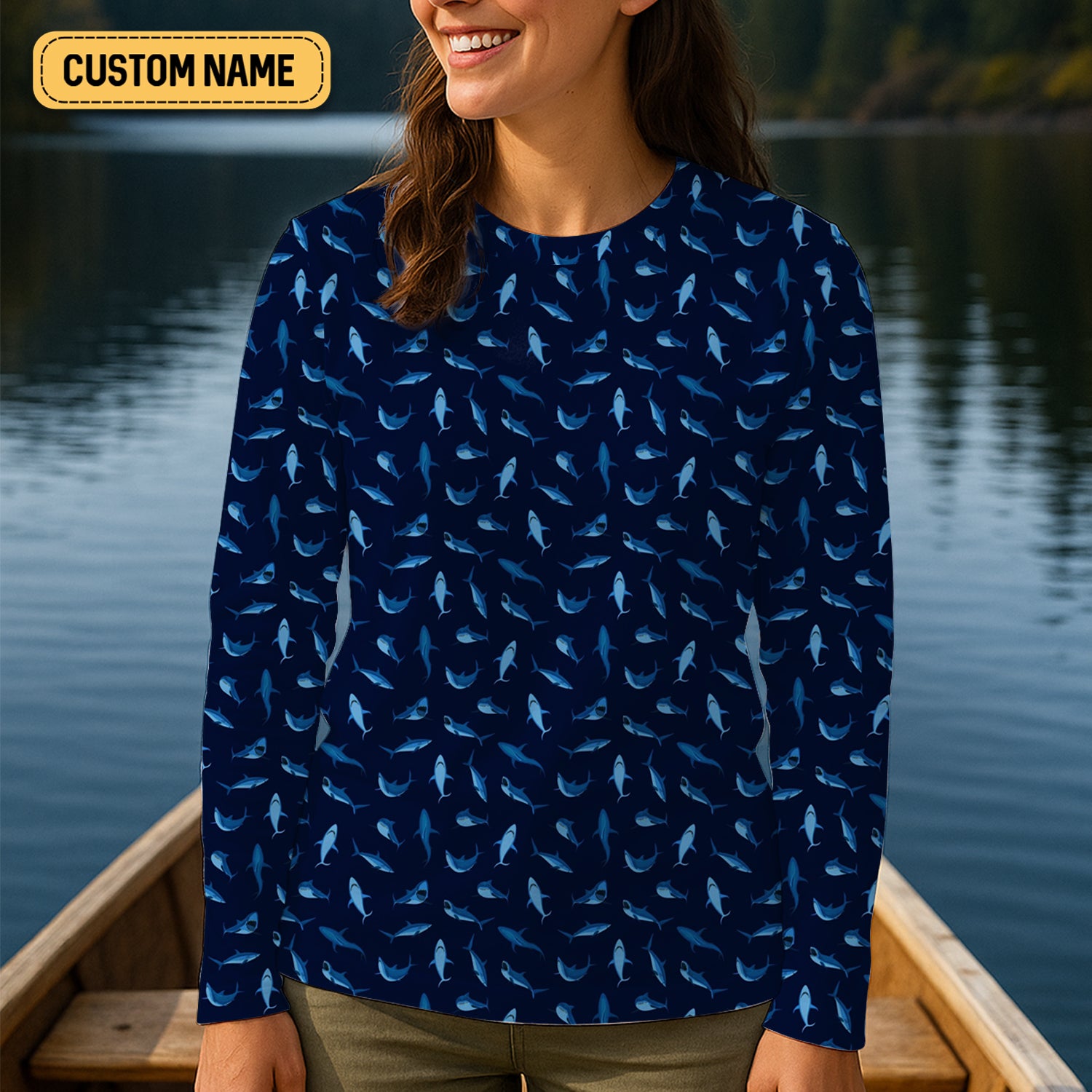 Shark Pattern Performance Fishing Shirts, Fishing Shirt For Women, SPF Long Sleeve Shirts Womens