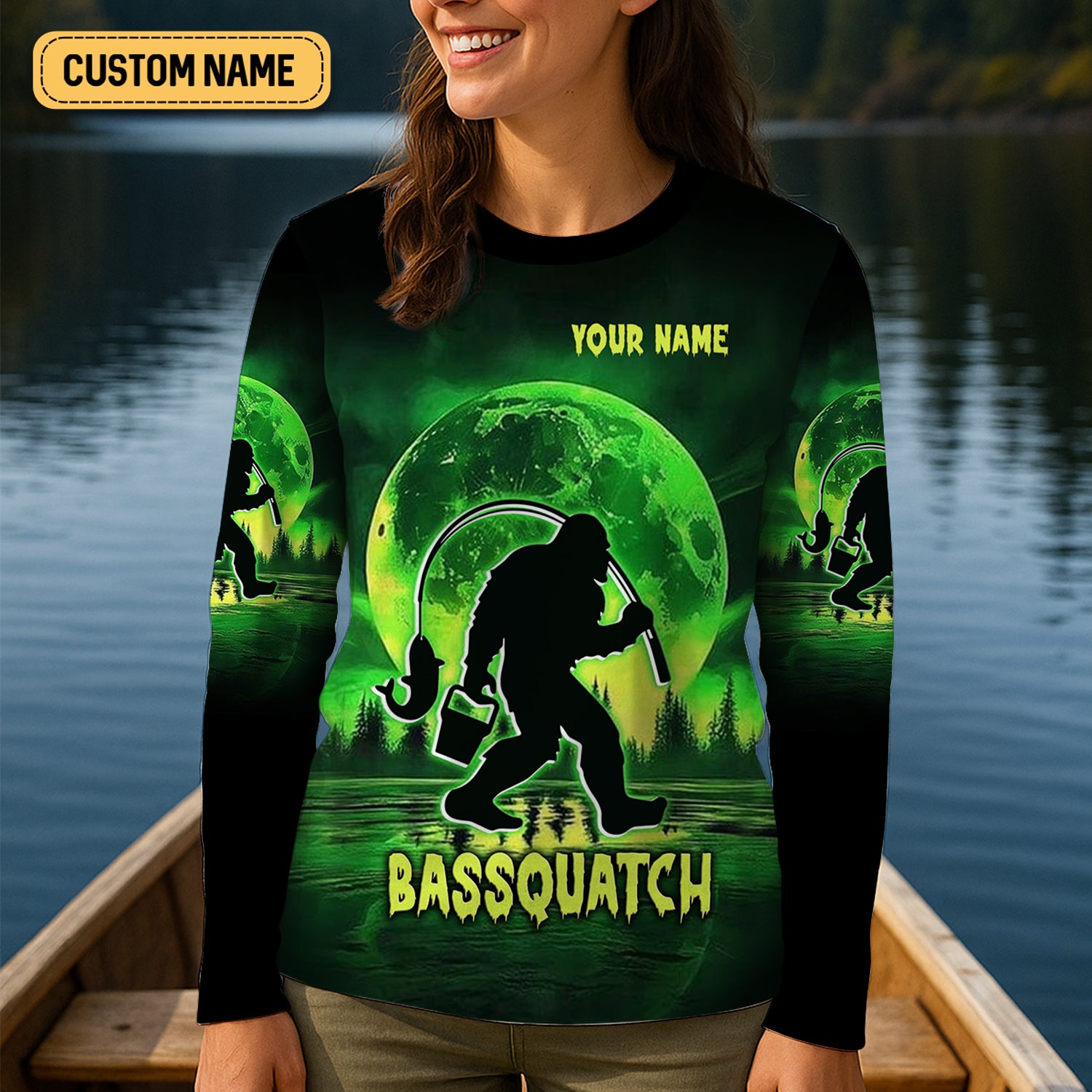 Bassquatch Green Neon Bigfoot Fishing Shirt, Women SPF Shirt, Women Fishing Shirt, Bass Fishing