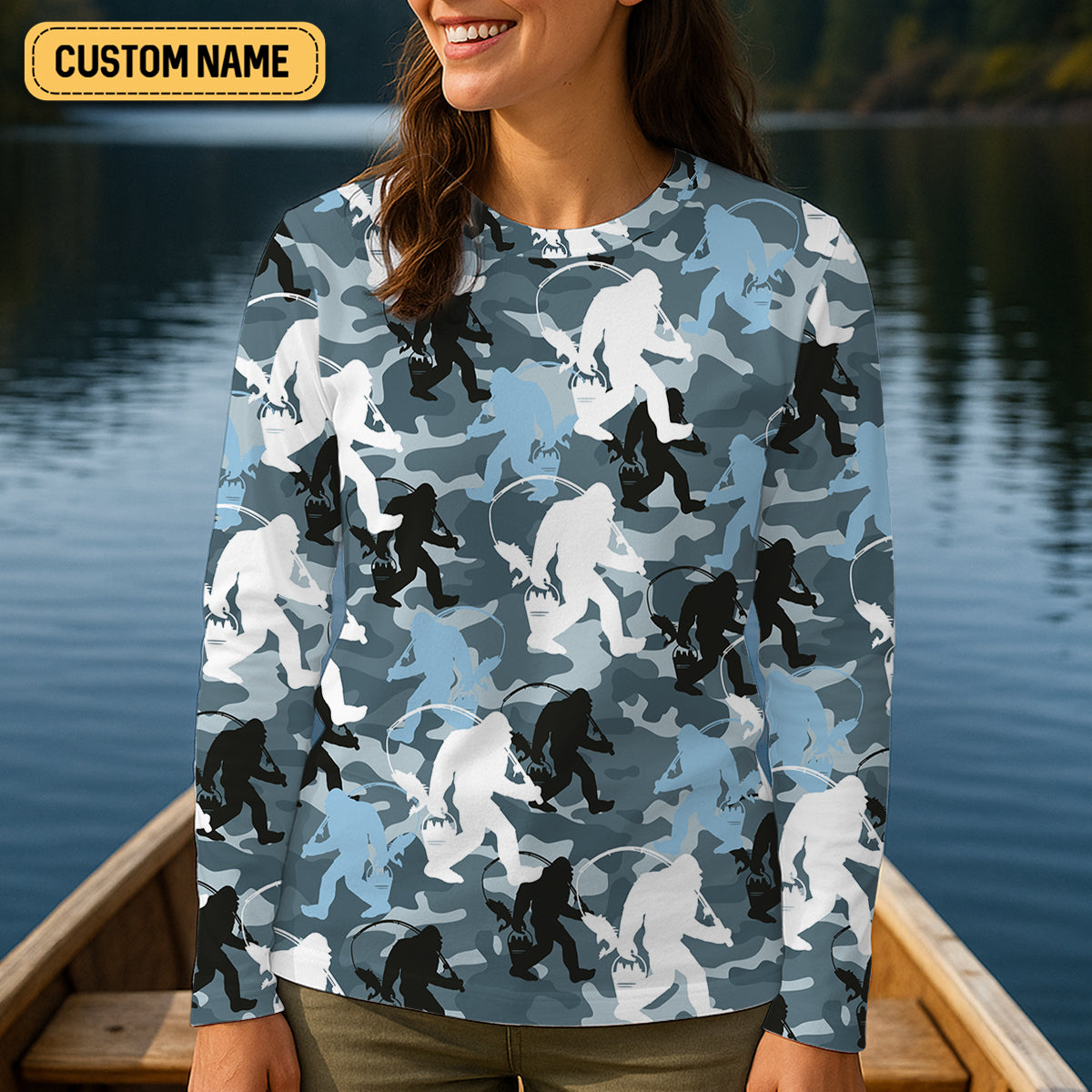 Bigfoot Blue Camo Fishing SPF Shirts, Bassquatch Fishing Shirts, Fishing Shirts For Women, Ladies Fishing Shirts