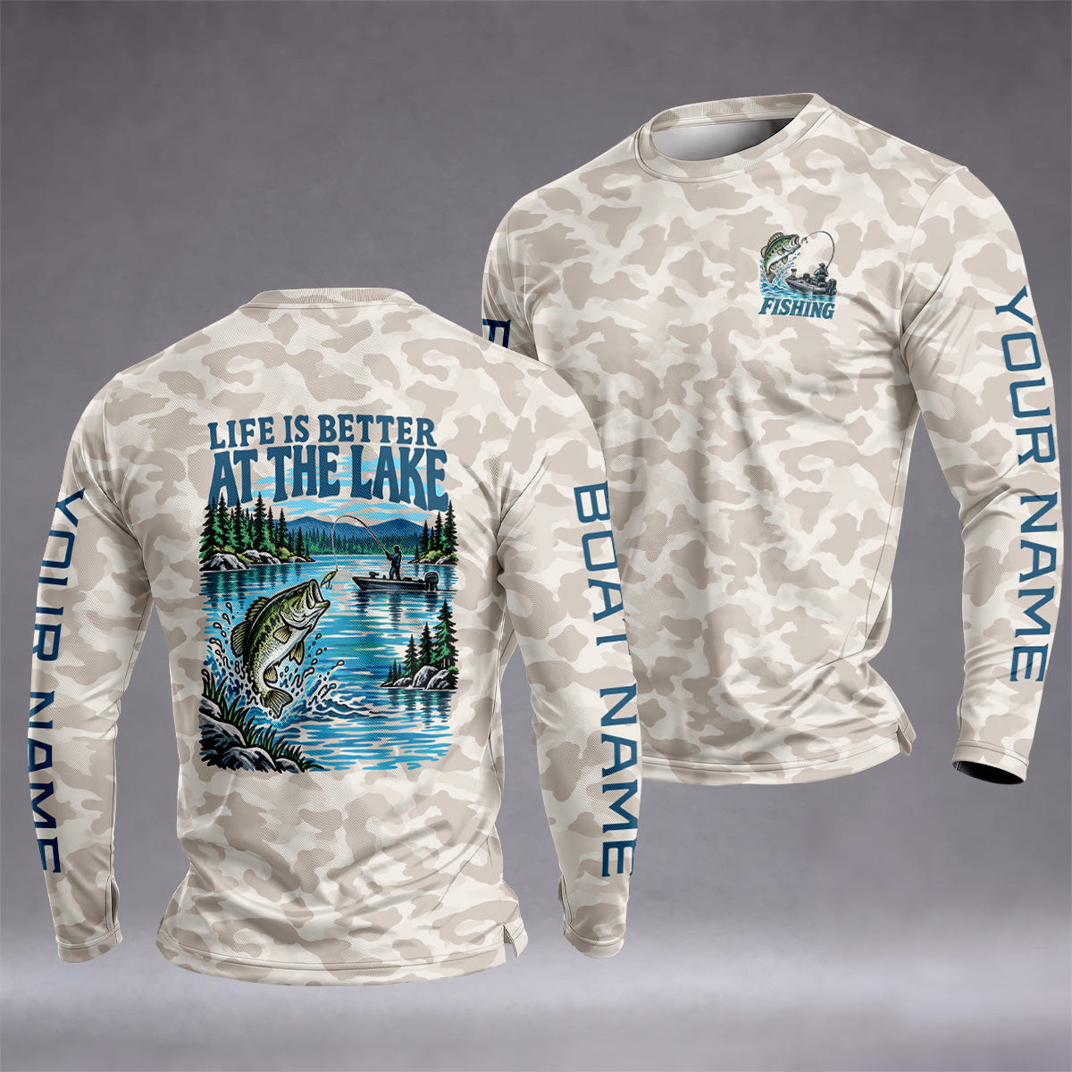 Life Is Better At The Lake Bass Camo UPF Shirt, Long Sleeve Fishing Shirt, Mens Fishing Apparel