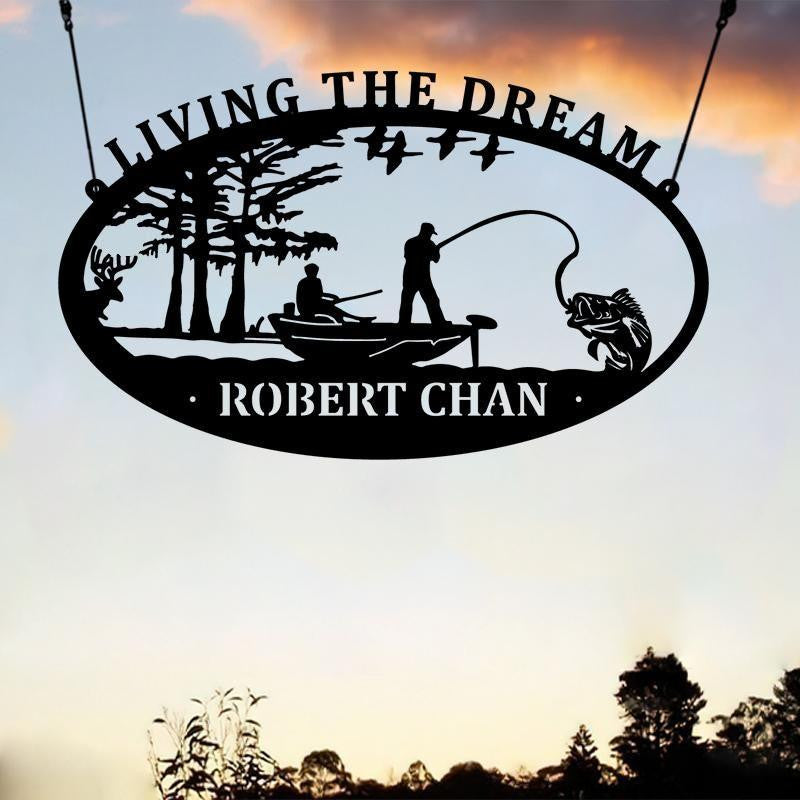 Living the Dream Fishing Monogram Laser Cut Metal Signs