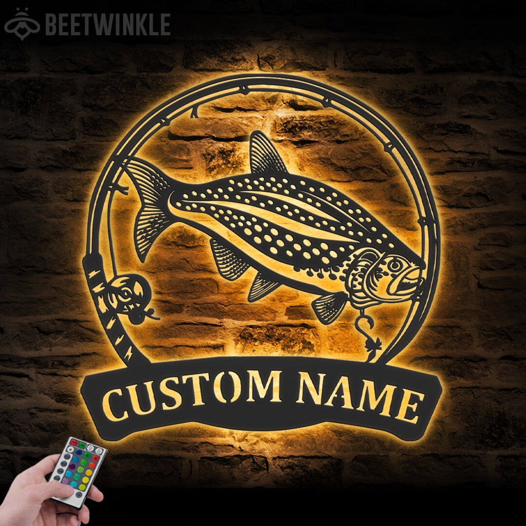 Custom Lake Trout Fishing Cut Metal Sign With or without LED lighting Wall Art LED Light Personalized Fisher Name Sign Home Decor Kid Boy Girl Nursery Decoration Birthday