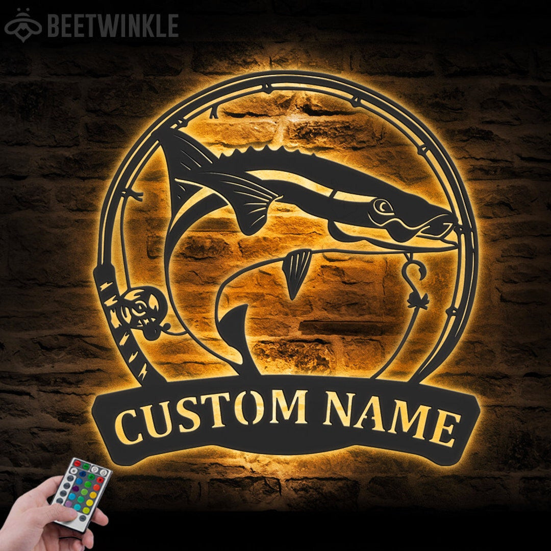 Custom Cobia Fishing Cut Metal Sign With or without LED lighting Wall Art LED Light Personalized Fisher Name Sign Home Decor Kid Boy Girl Nursery Decoration Birthday