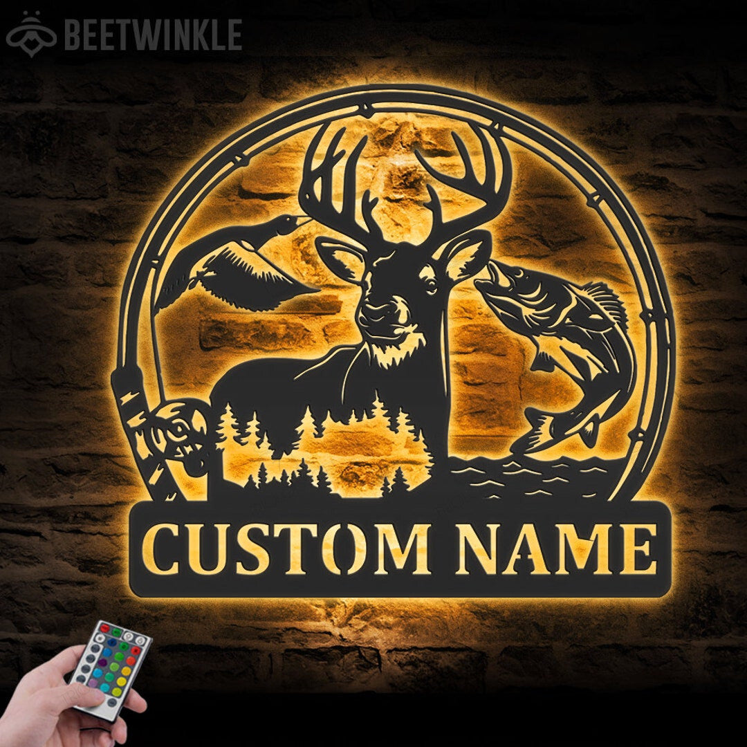 Custom Deer Duck And Bass Fishing Cut Metal Sign With or without LED lighting Wall Art LED Light Personalized Hunter Name Sign Home Decor Cabin Decoration Housewarming Xmas Gift