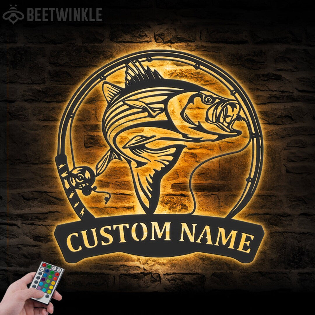 Custom Striped Bass Fishing Cut Metal Sign With or without LED lighting Wall Art LED Light Personalized Fisher Name Sign Home Decor Boy Girl Nursery Decoration Birthday