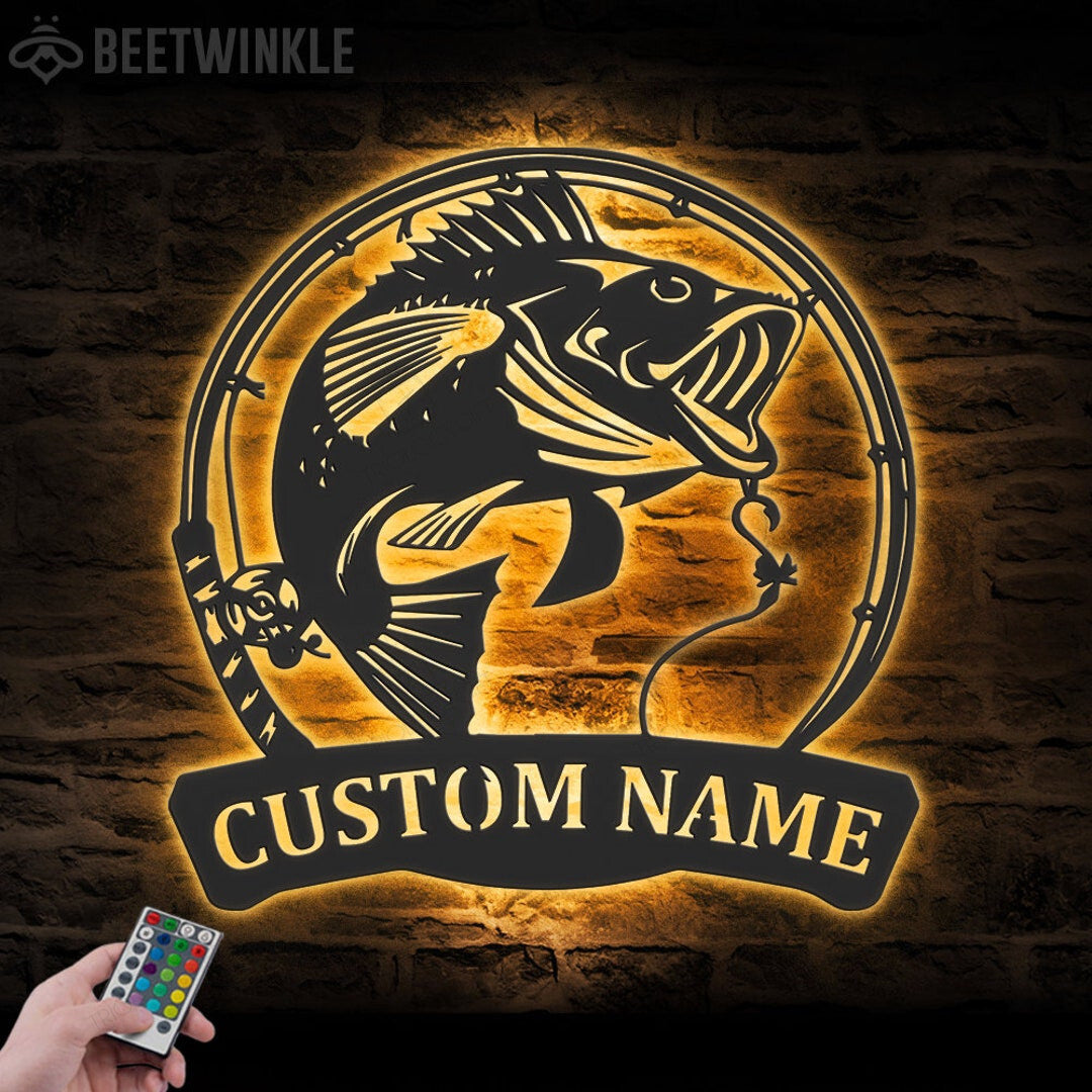 Custom Black Sea Bass Fishing Cut Metal Sign With or without LED lighting Wall Art LED Light Personalized Fisher Name Sign Home Decor Kid Boy Girl Nursery Decoration Birthday