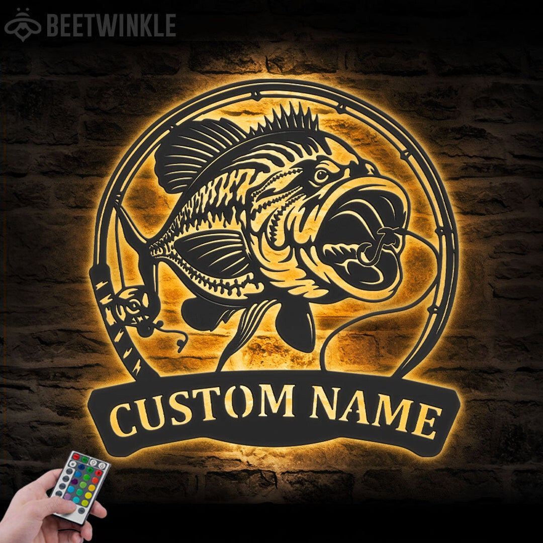 Custom Largemouth Bass Fishing Cut Metal Sign With or without LED lighting Wall Art LED Light Personalized Fisher Name Sign Home Decor Kid Boy Girl Nursery Decoration Birthday
