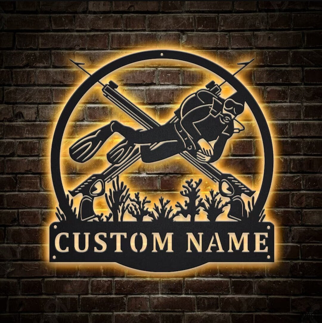 Custom Spearfishing Sport Metal Sign Wall Art With or without LED lighting RGB Lights, Personalized Spearfishing Name Sign, Water Sport Lover Home Sign