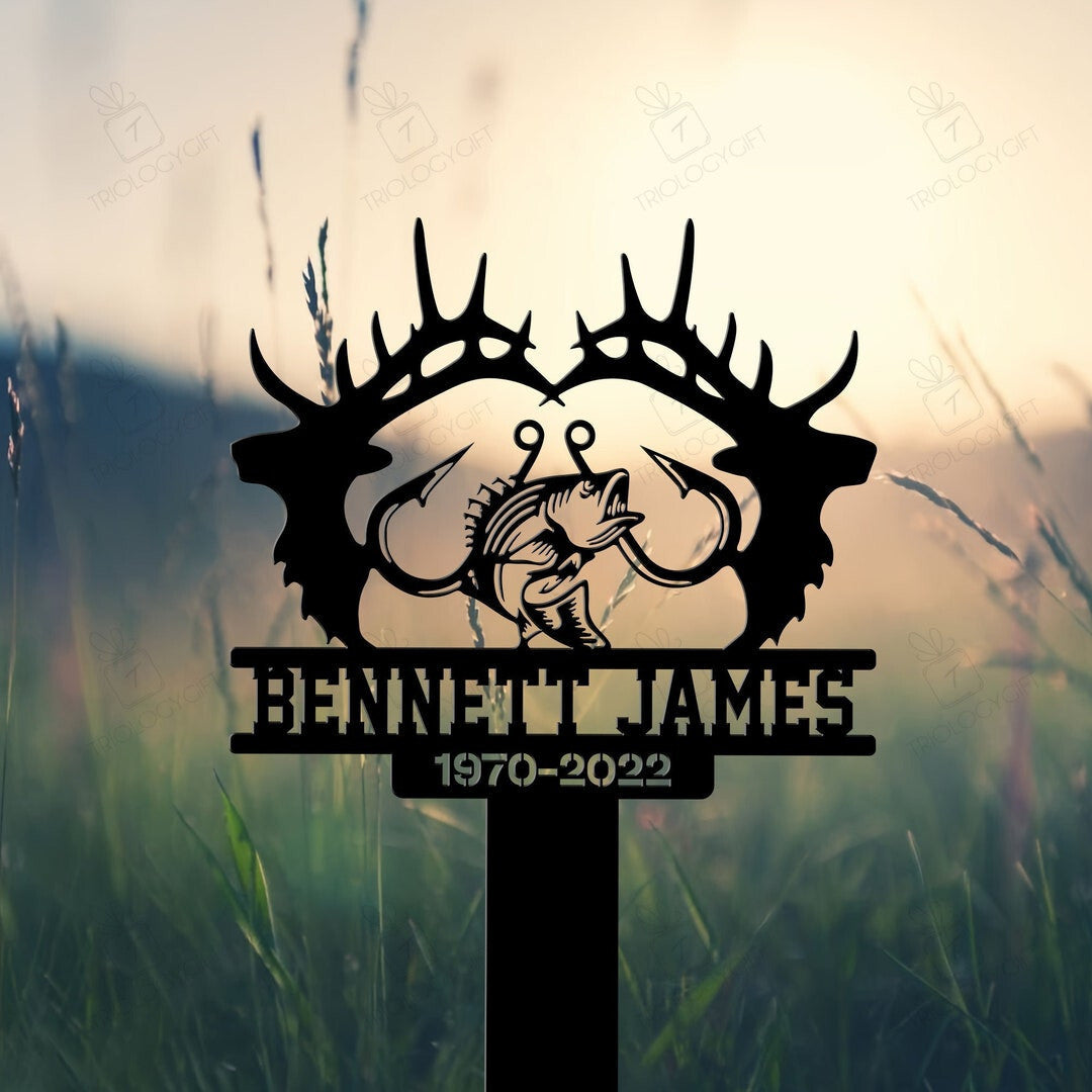Custom Memorial Stake, Fishing, Hunting Sign, Metal Stake With or Without Solar LED Light, Sympathy Gift, Deer Head Sign, Grave Marker, Hunter Loss