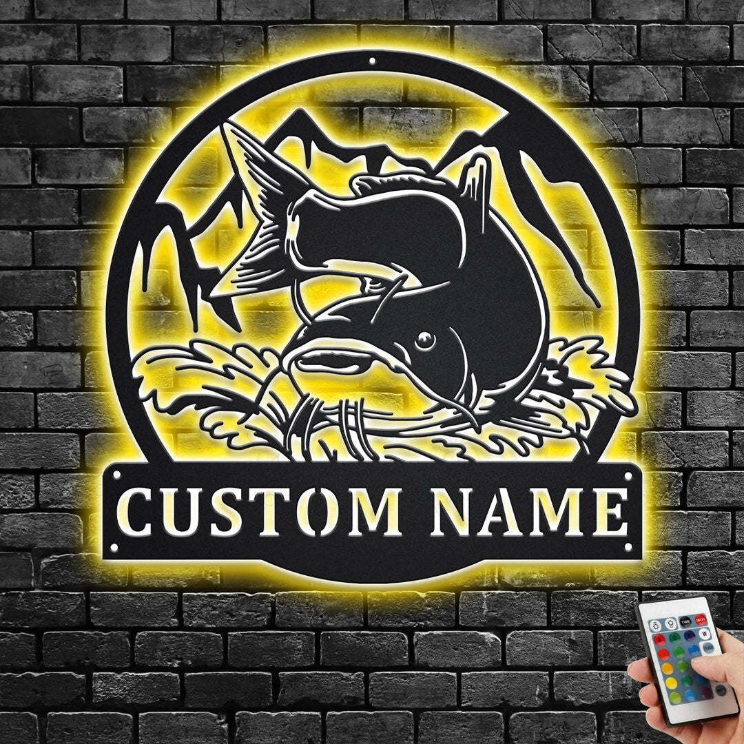 Custom Catfish Fishing Cut Metal Sign With or without LED lighting Light, Personalized Catfish Name Sign Decoration For Room, Catfish Home Decor, Custom Catfish