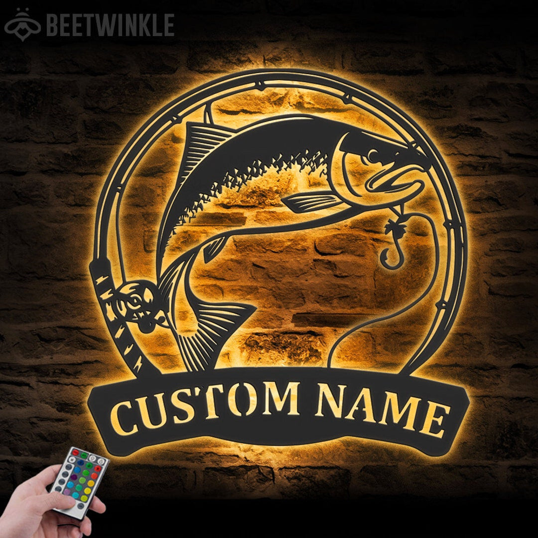 Custom Coho Salmon Fishing Cut Metal Sign With or without LED lighting Wall Art LED Light Personalized Fisher Name Sign Home Decor Kid Boy Girl Nursery Decoration Birthday