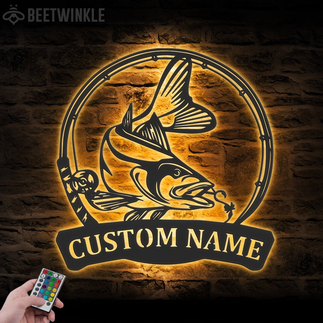 Custom Snook Fishing Cut Metal Sign With or without LED lighting Wall Art LED Light Personalized Fisher Name Sign Home Decor Boy Girl Nursery Decoration Birthday Housewarming