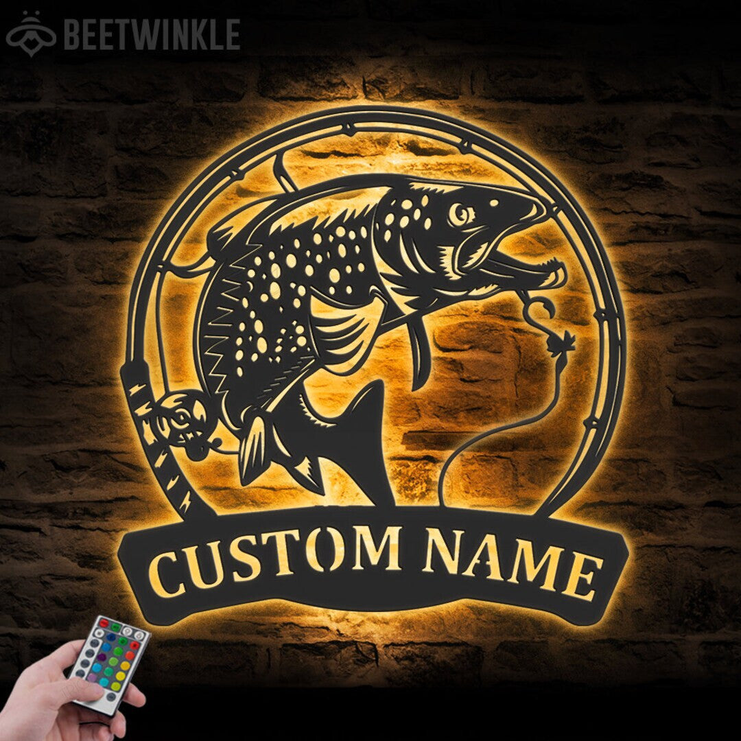 Custom Brown Trout Fishing Cut Metal Sign With or without LED lighting Wall Art LED Light Personalized Fisher Name Sign Home Decor Kid Boy Girl Nursery Decoration Birthday