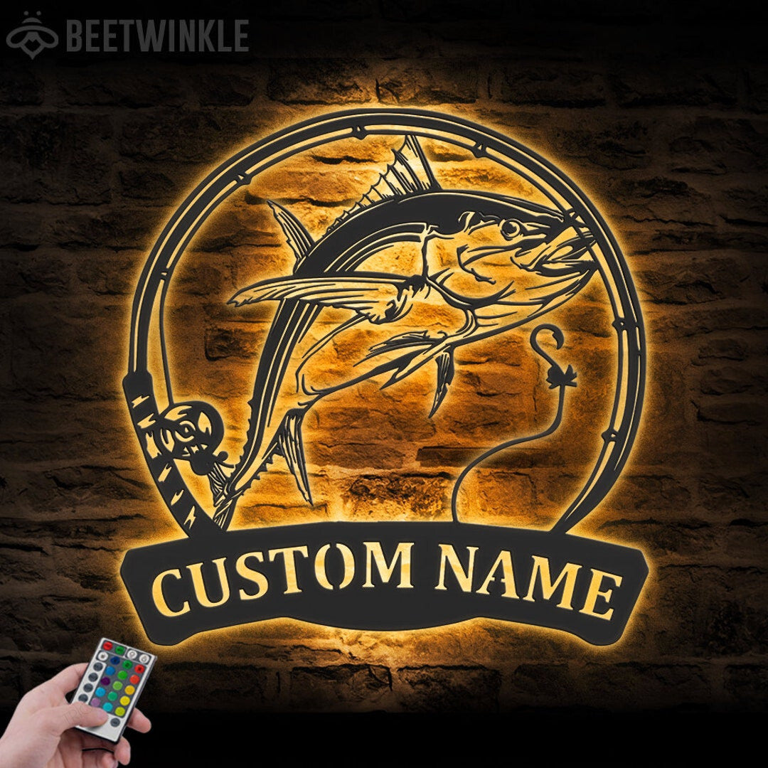 Custom Atlantic Bluefin Tuna Fishing Cut Metal Sign With or without LED lighting Wall Art LED Light Personalized Fisher Name Sign Home Decor Kid Boy Girl Nursery Decoration