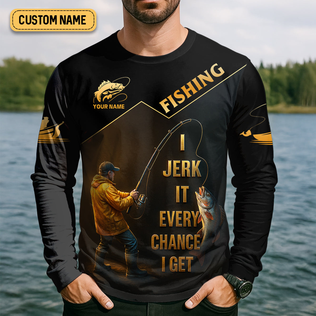 Funny Fishing T-Shirt I Jerk It Every Chance I Get Custom Name UPF Shirts, Men's Fishing Shirt
