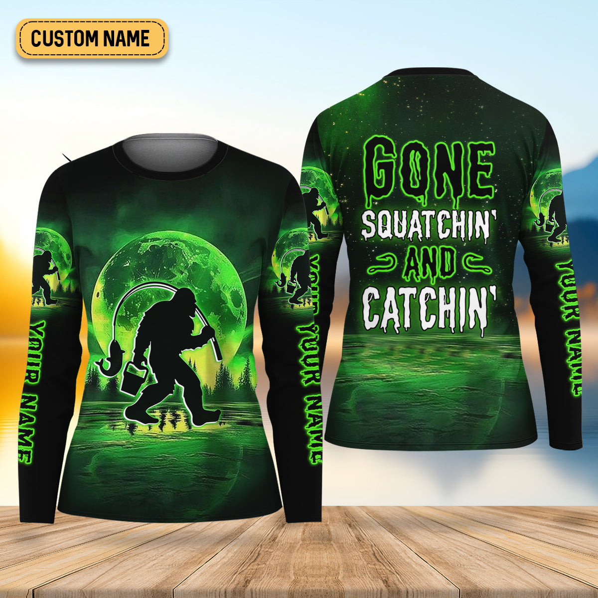 Gone Squatchin And Catchin Neon Green Color Funny Fishing Shirt, Women SPF Shirt, Female Fishing Shirts