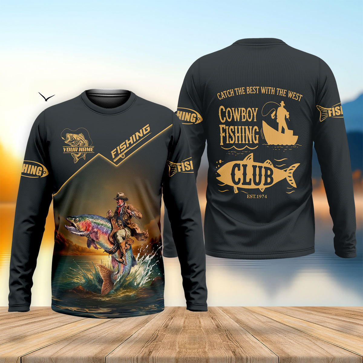 Personalized Cowboy Fishing Long Sleeve Shirt, Men's Fishing Apparel, Trout Fishing Shirt