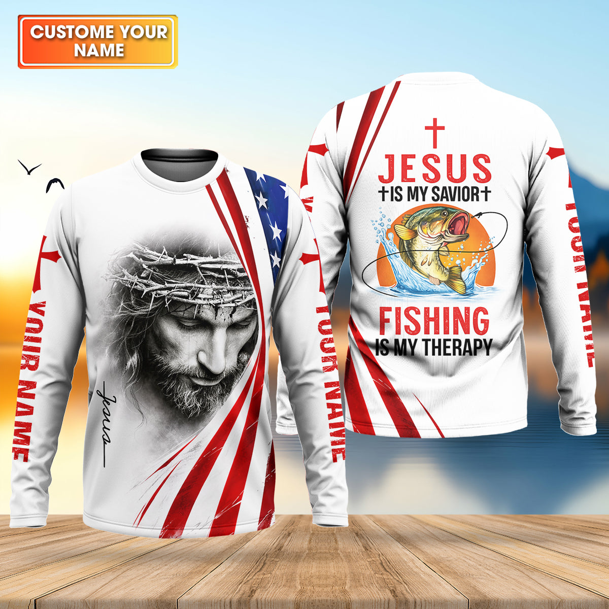 Jesus Is My Savior Fishing Is My Therapy Shirt, Personalized Christian Fishing Long Sleeve For Men