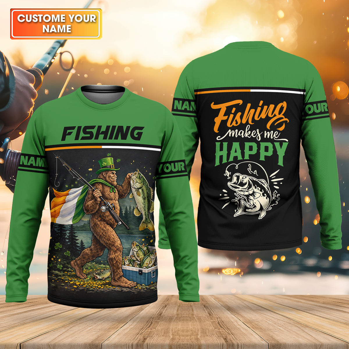 Fishing Makes Me Happy Shirt, Personalized Bigfoot St. Patrick’s Day Fishing Long Sleeve For Men