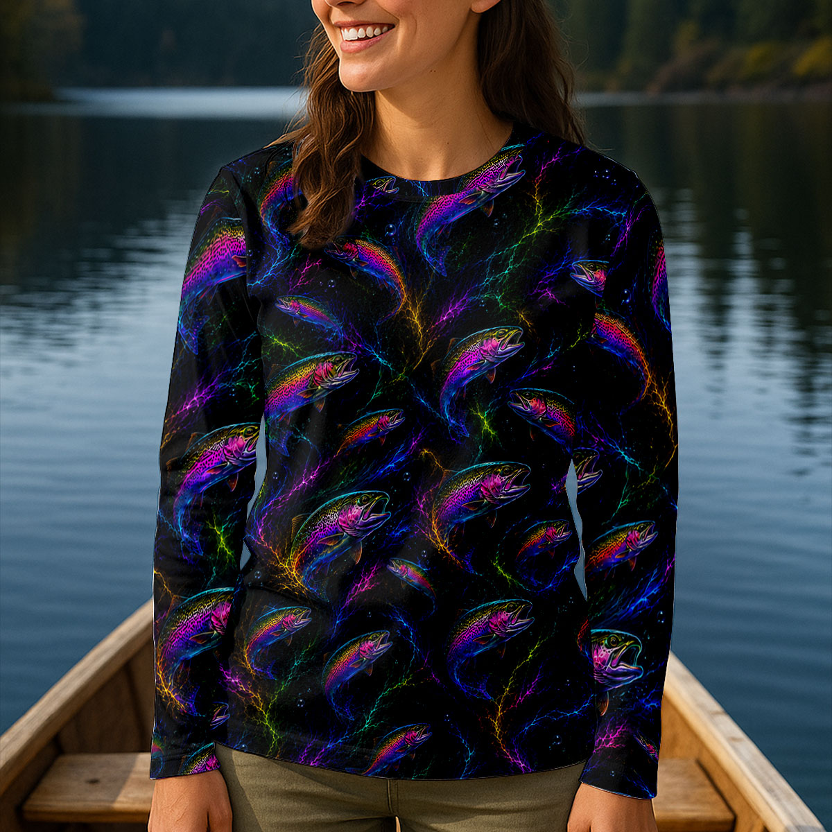 Neon Rainbow Trout Pattern UPF Shirt, Fishing Shirts For Women, Long Sleeve Fishing Shirt