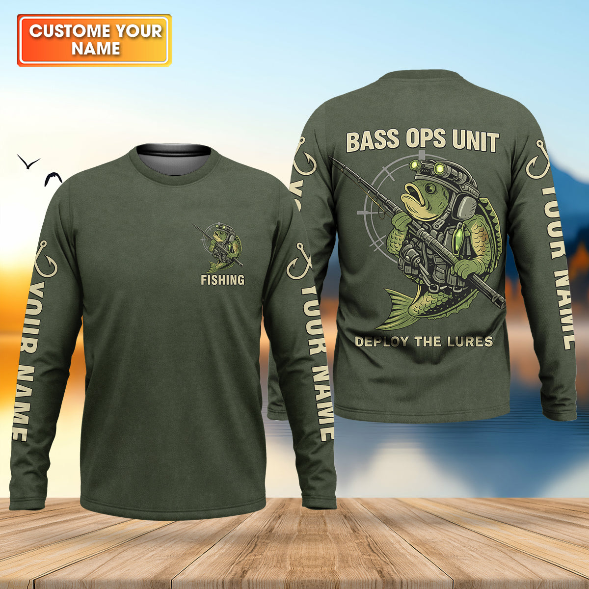 Bass Fishing Shirt, Personalized Military Fishing Long Sleeve Shirt, Funny Fishing Shirts For Men