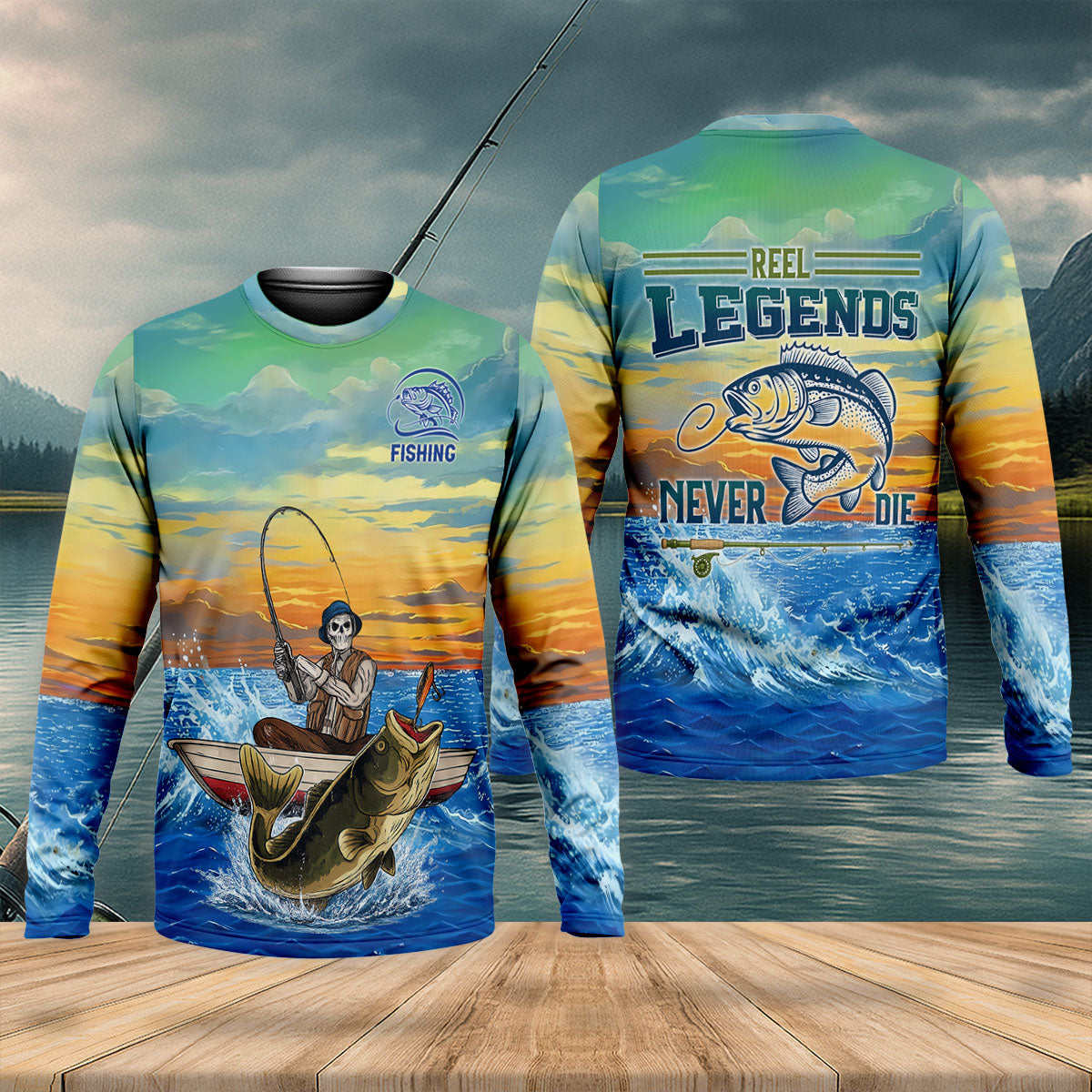 Reel Legends Never Die Bass Fishing Shirt, Men’s UPF Fishing Shirt, Fishing Long Sleeve Shirt
