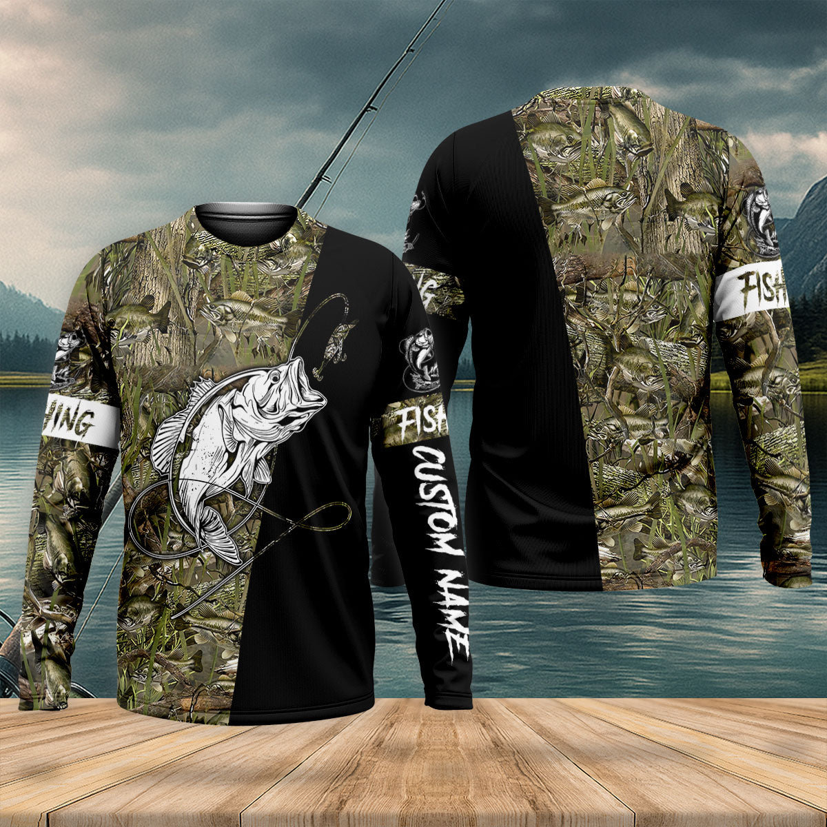 Custom Name Bass Fishing Camo UPF Shirt, Long Sleeve Fishing Shirt, Fishing Shirts For Men