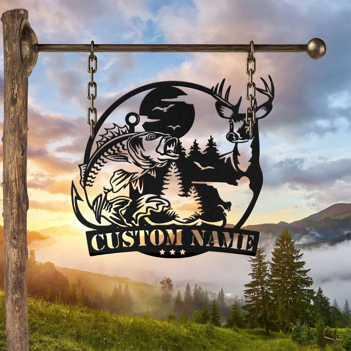 Deer Fish Hunting Backlit Metal Sign, Outdoor Metal Art, Gift for Hunters, Personalized Metal Signs