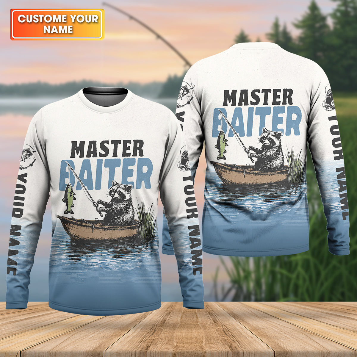 Master Baiter Shirt, Personalized Funny Raccoon Fishing Long Sleeve For Men, Fishing UPF Shirts