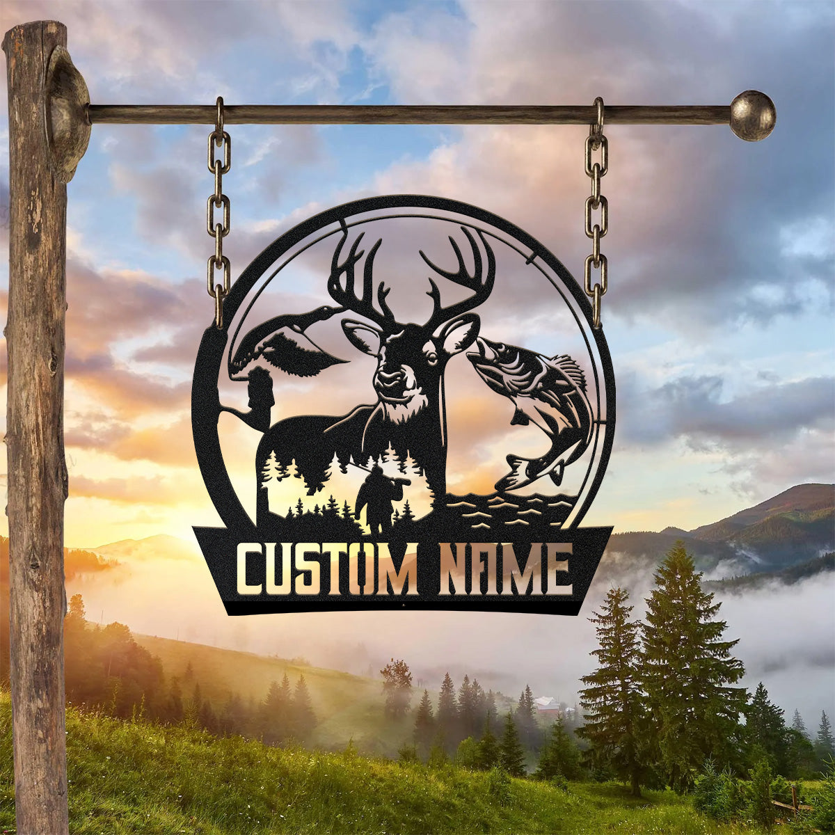 Deer Fish Hunting Outdoor Metal Art, Backlit Metal Sign, Metal Name Signs, Outdoor Metal Wall Art