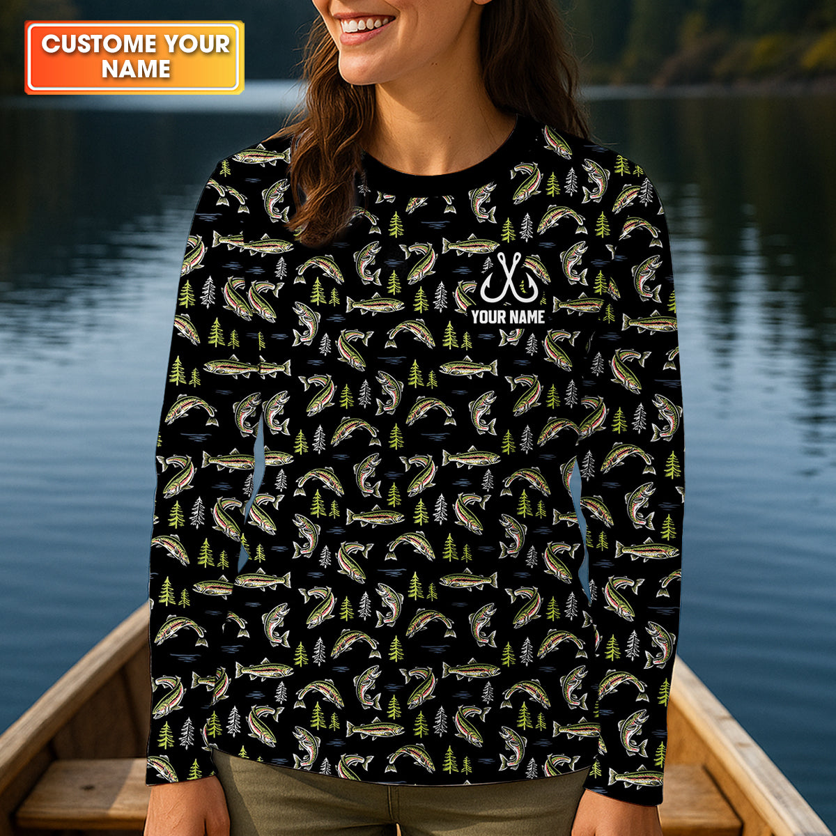 Rainbow Trout Pattern Fishing UPF Shirts, Fisherwomen Funny Fishing Shirt, Fishing Shirt For Women