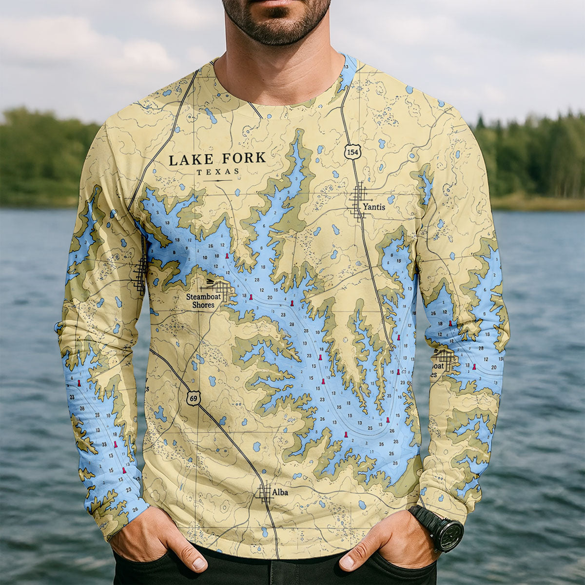 Lake Fork Nautical Map Fishing UPF Shirt, Fishing Sun Shirt, Fishing Apparel For Men