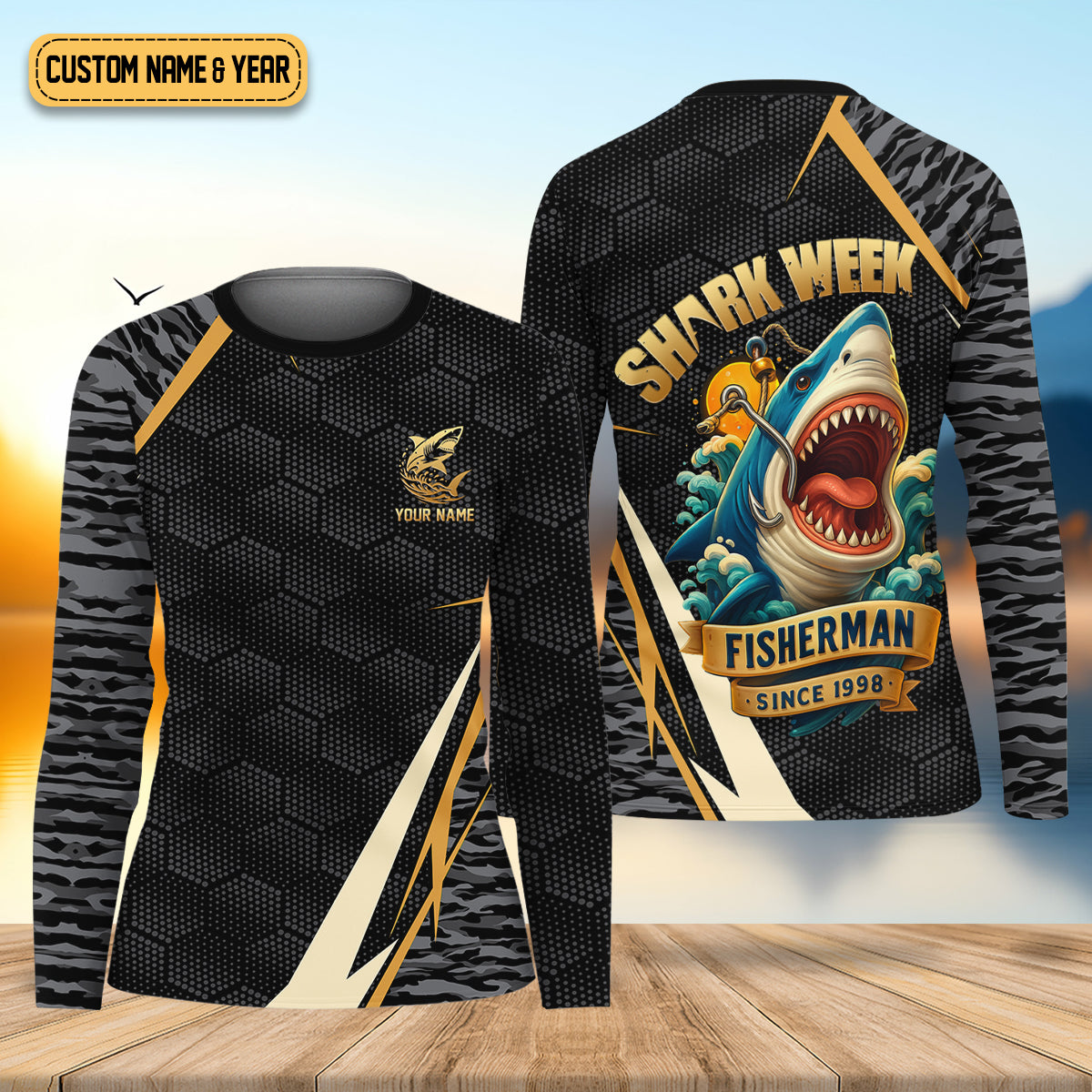 Shark Fishing SPF Shirt, Shark Week Hexagon Pattern Black Fishing Shirt, Female Fishing Shirts