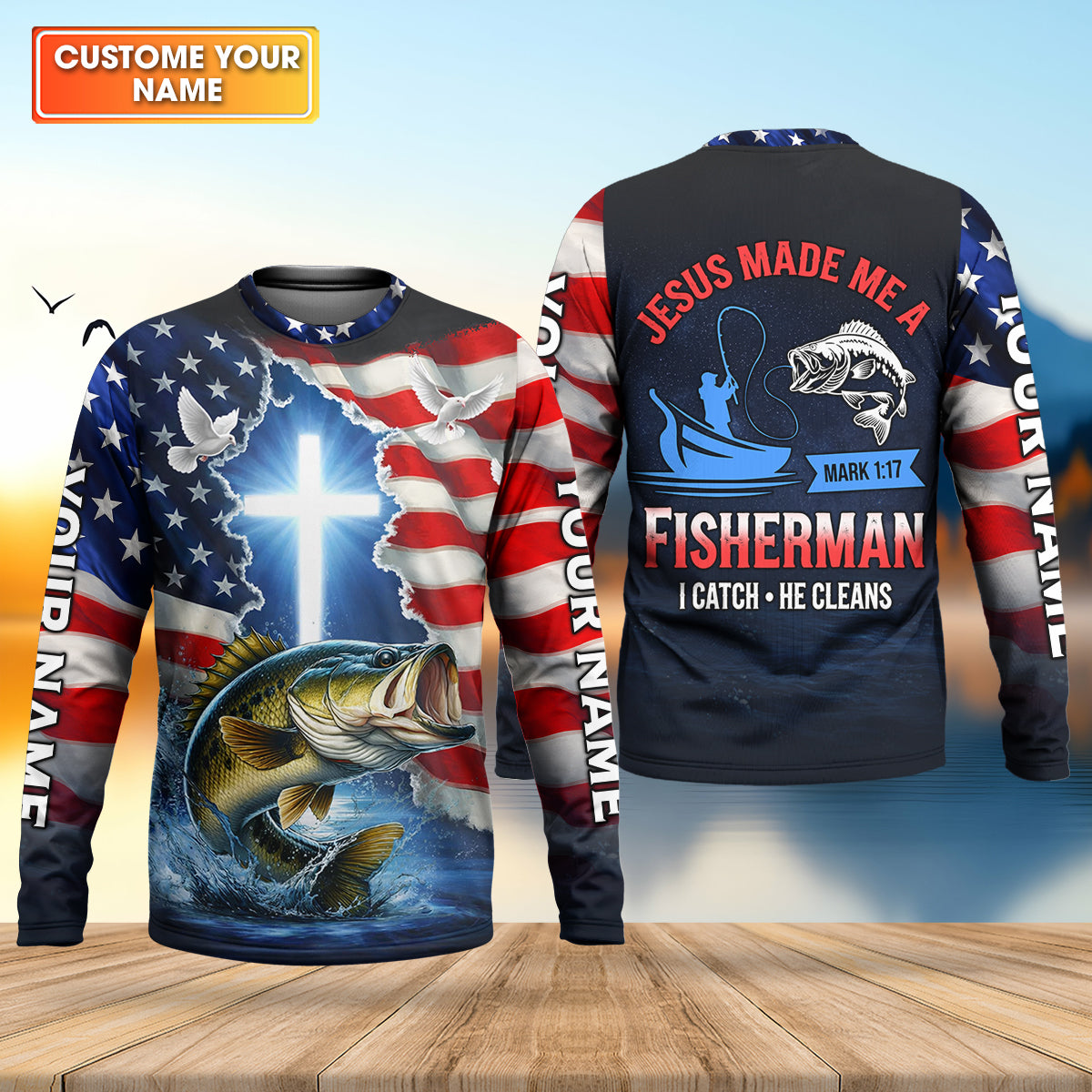 Jesus Made Me A Fisherman Shirt Christian, Patriotic Bass Fishing Tee For Men, Fishing UPF Shirts