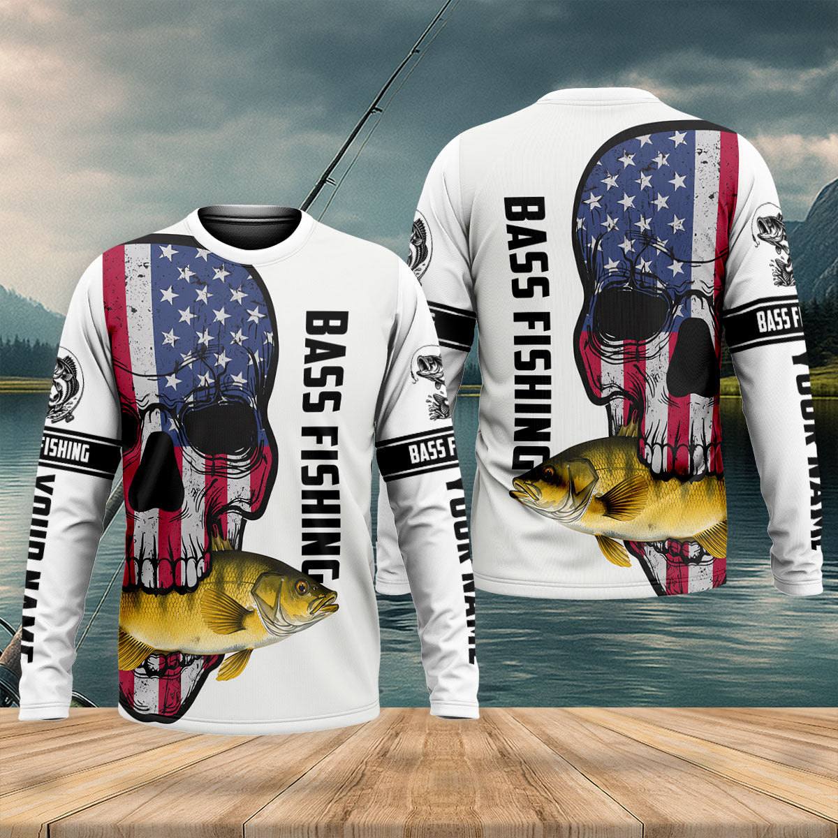 American Flag Skull Bass Fishing Shirt, Long Sleeve Fishing Shirt, Fishing Shirts For Men