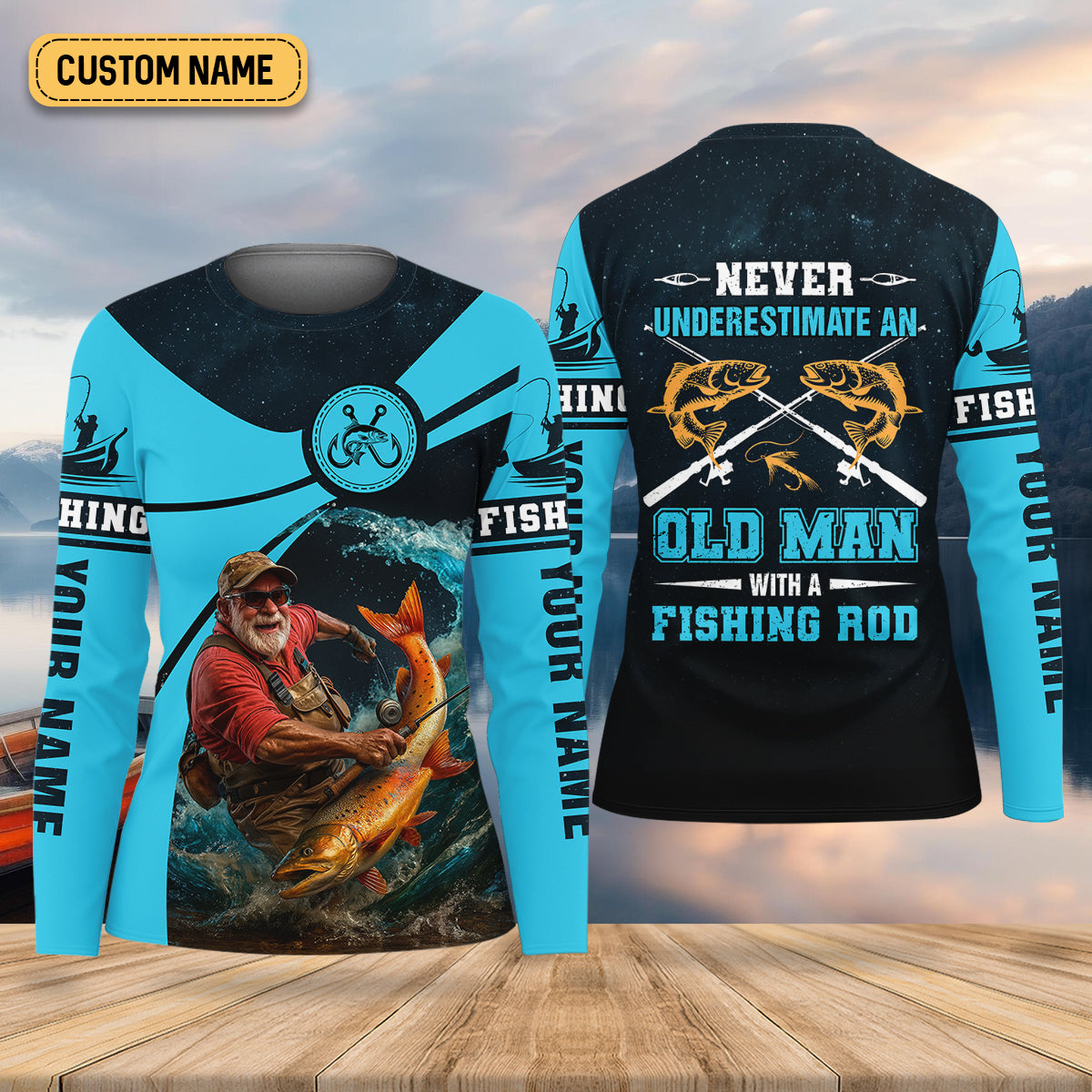 Never Underestimate An Old Man With A Fishing Rod Custom Name UPF Shirts, Women Fishing Shirt