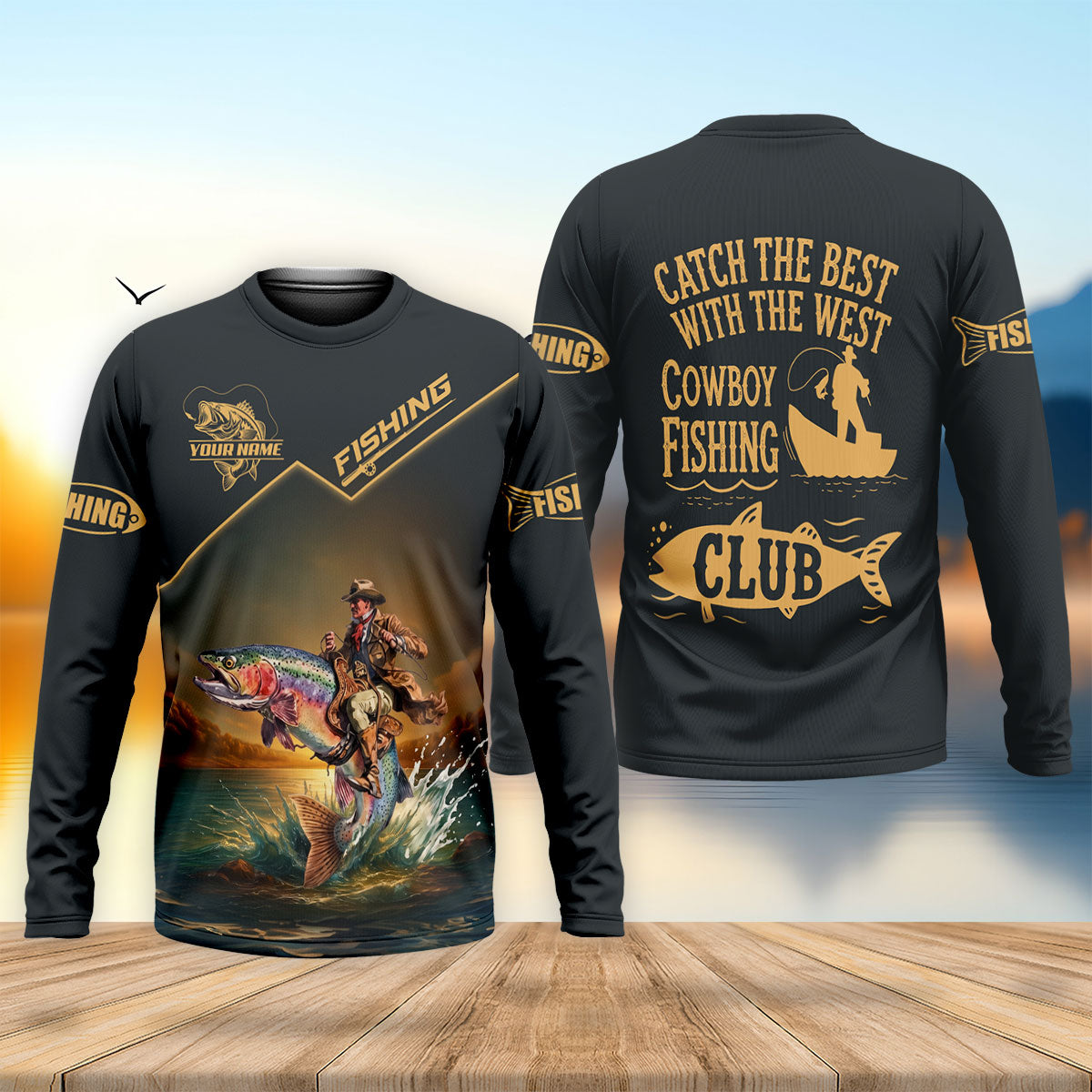 Personalized Cowboy Fishing Long Sleeve Shirt, Men's Fishing Apparel, Trout Fishing Shirt