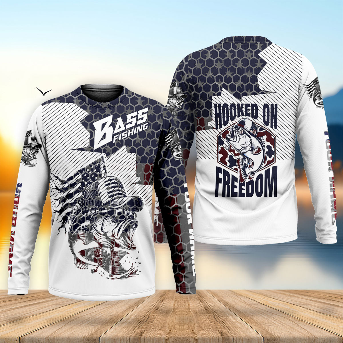 Patriotic Bass Fishing Long Sleeve Shirt, Men's Fishing Shirt, Bass Fishing Apparel