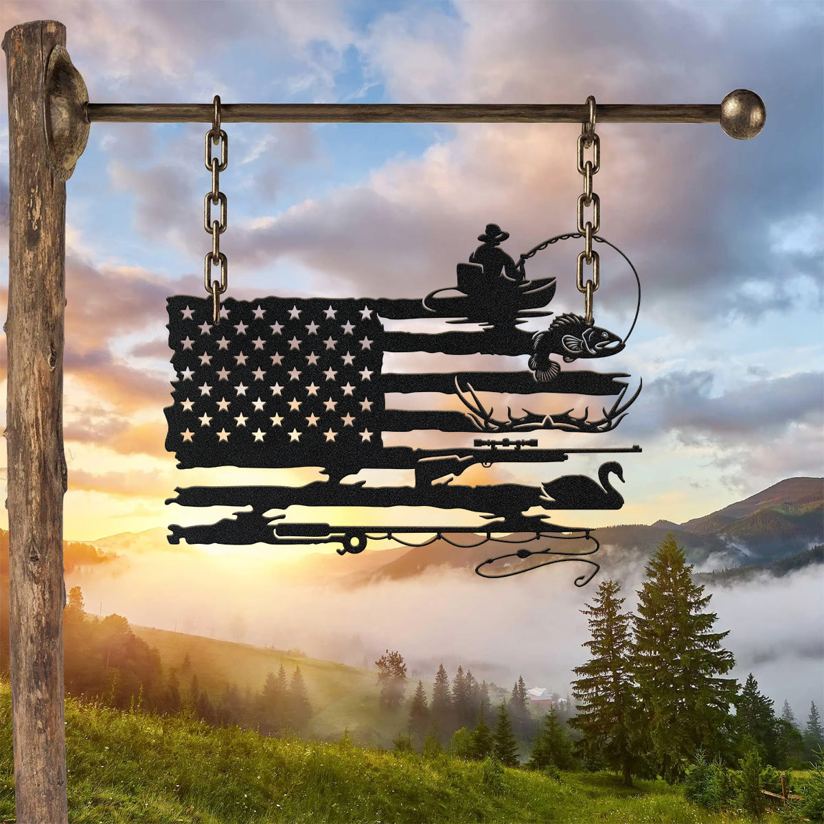 American Fishing, Hunting Sign, Fishing Flag, Gift for Hunters, Metal Name Signs, Rustic Cabin Decor, Man Cave Decor
