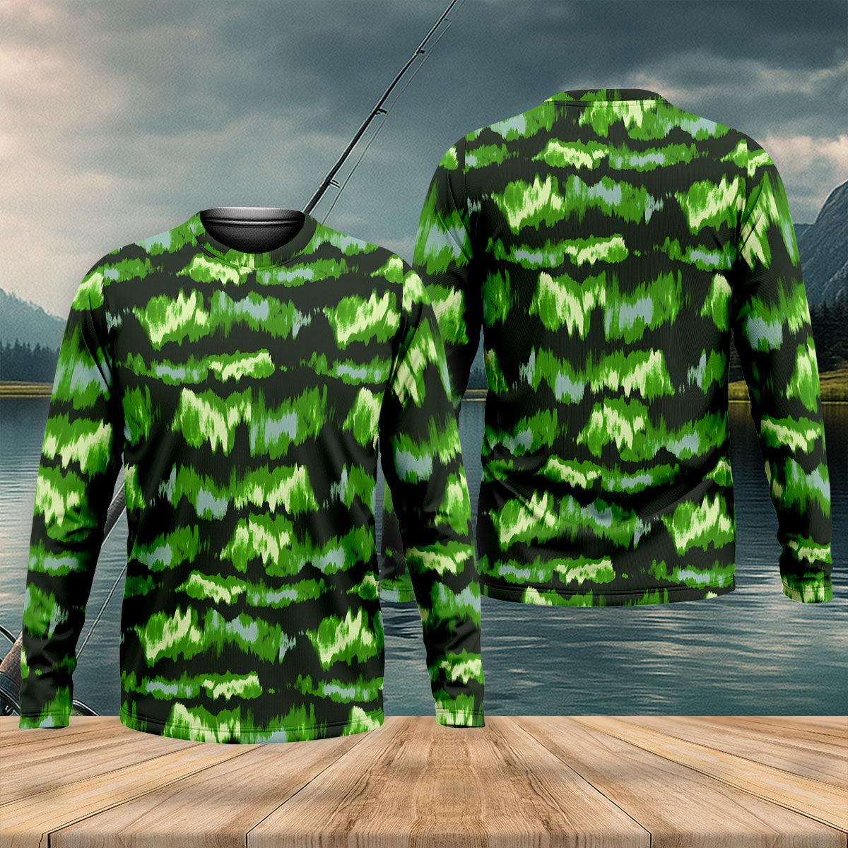 Green Ikat Pattern Fishing UPF Shirts, Long Sleeve Fishing Shirts, Fishing Shirts For Men