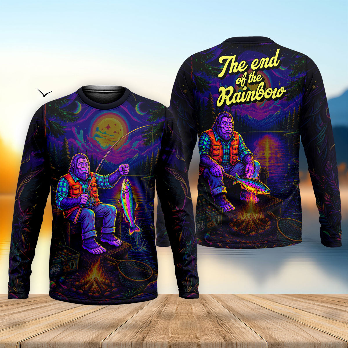 The End Of The Rainbow Custom Bigfoot Fishing UPF Shirt, Funny Fishing Shirt, Mens Shirt