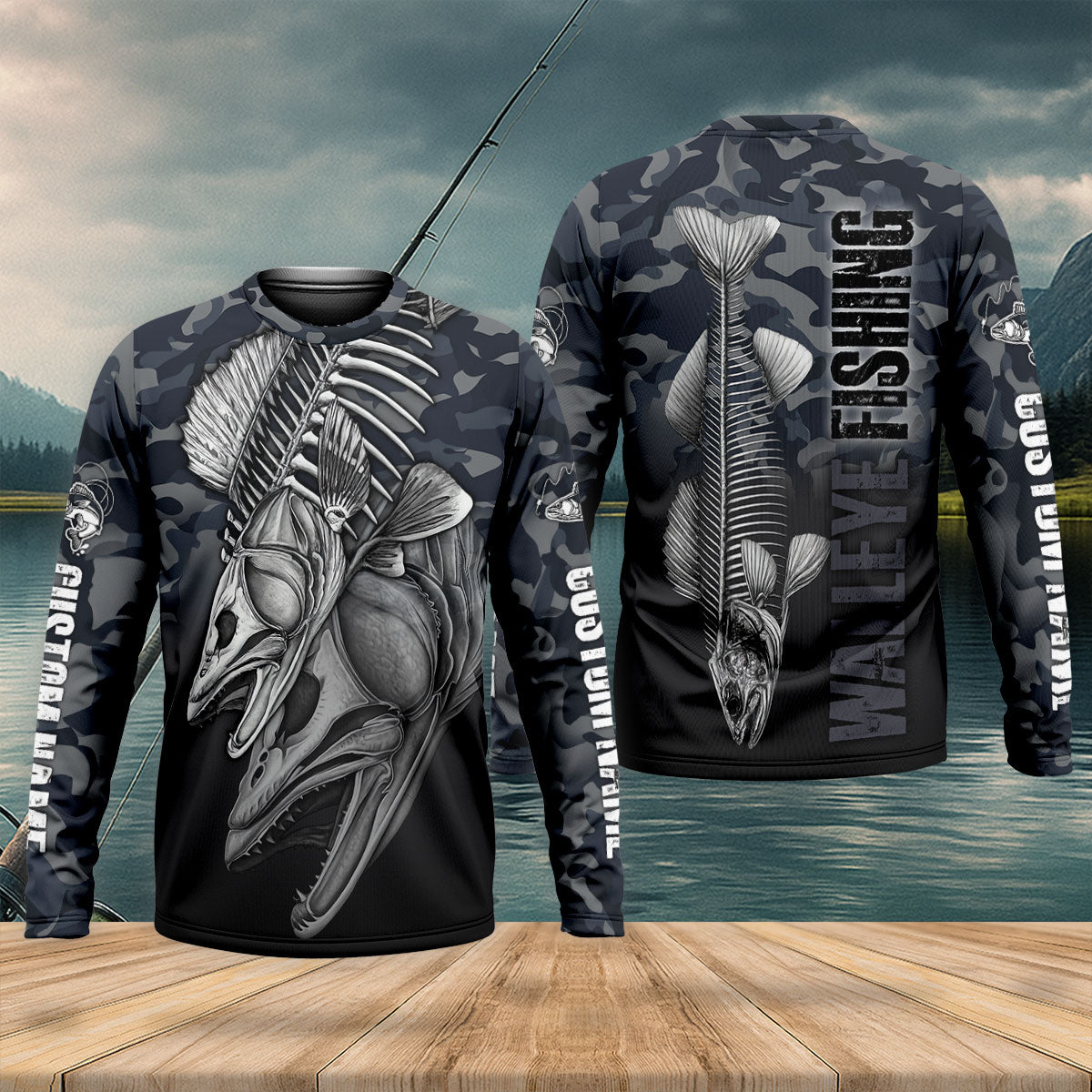 Walleye Fish Skeleton Camo UPF Shirt, Fishing Shirts For Men, Fishing Gear