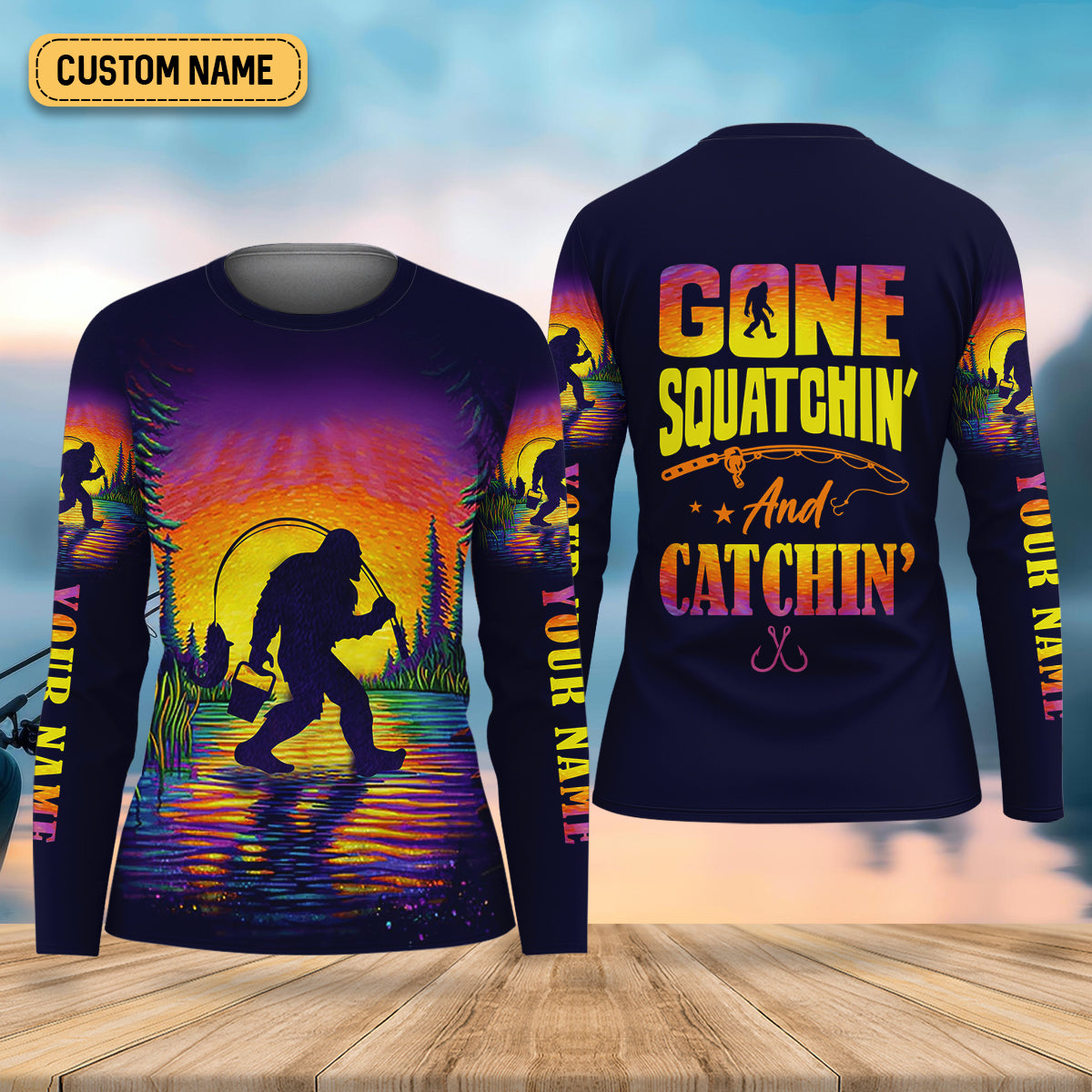Gone Squatchin And Catching Sunset Fishing UPF Shirts, Funny Fishing Shirt, Sasquatch Fishing Shirt For Women
