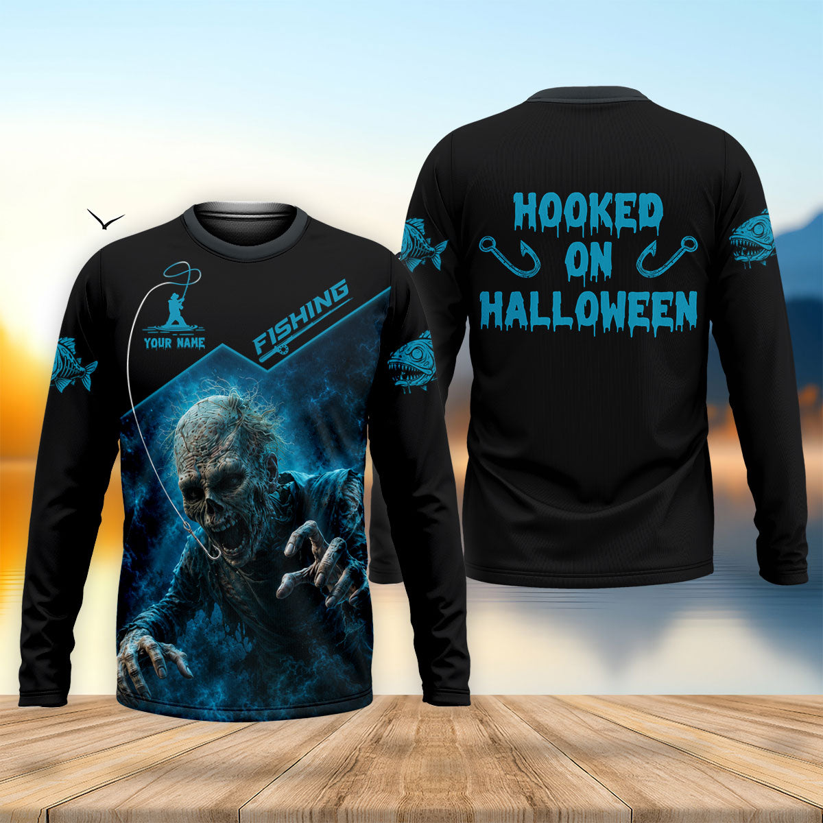 Custom Name Hooked On Halloween UPF Shirt, Fishing Shirts For Men, Mens Fishing Shirts