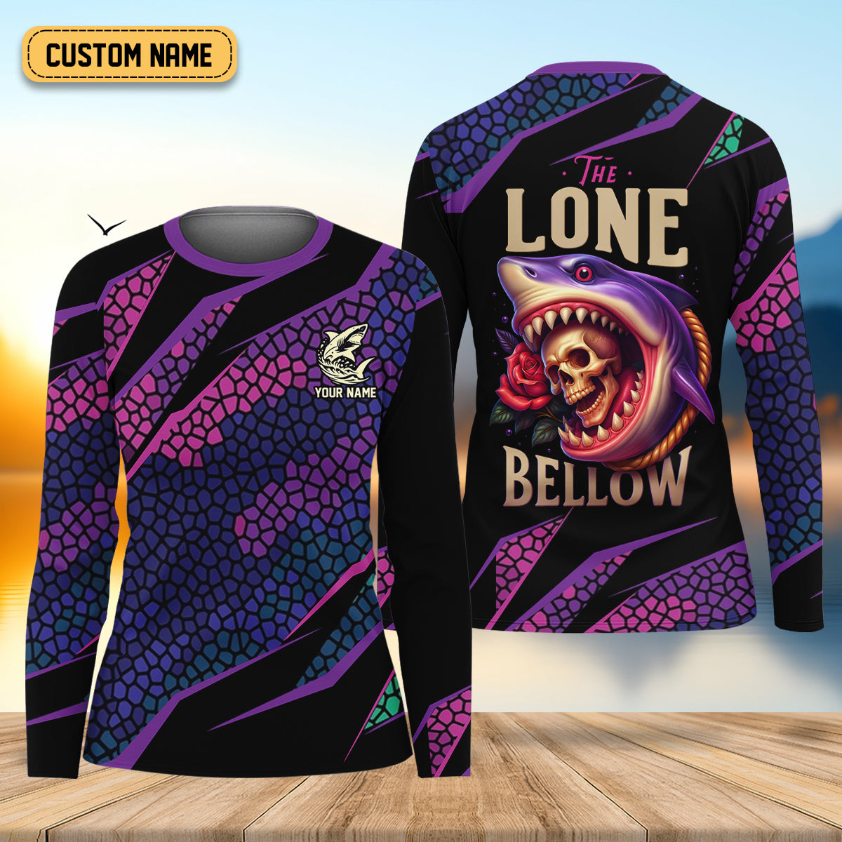 Shark Fishing SPF Shirt, The Lone Below Shark And Skull Purple Fishing Shirt, Female Fishing Shirts