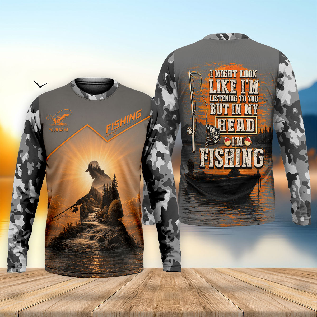 Funny Custom Fishing Silhouette Sunset Long Sleeve UPF Shirt, Mens Fishing Shirt, Fishing Shirt